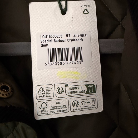 Barbour Khaki Green Quilted Jacket with Corduroy Collar (NWT) - Picture 4 of 13